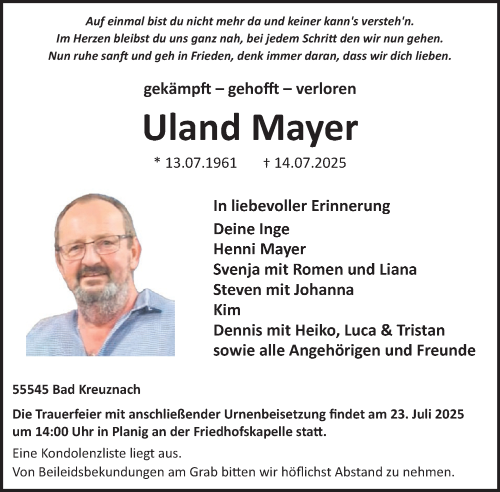  Traueranzeige für Uland Mayer vom 19.07.2025 aus WochenSpiegel