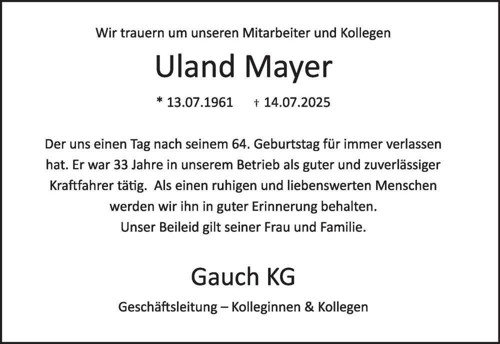  Traueranzeige für Uland Mayer vom 26.07.2025 aus WochenSpiegel