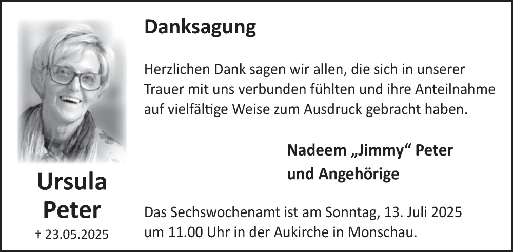  Traueranzeige für Ursula Peter vom 09.07.2025 aus WochenSpiegel