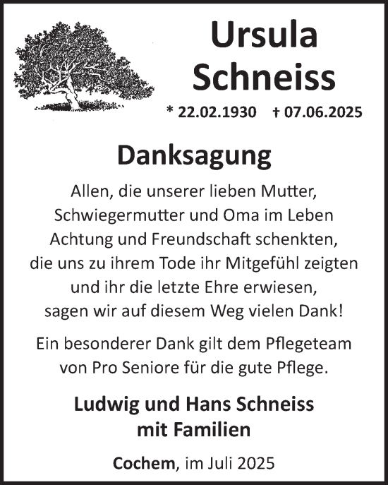 Traueranzeige von Ursula Schneiss von WochenSpiegel