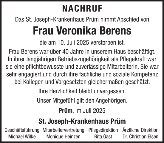 Traueranzeige von Veronika Berens von WochenSpiegel