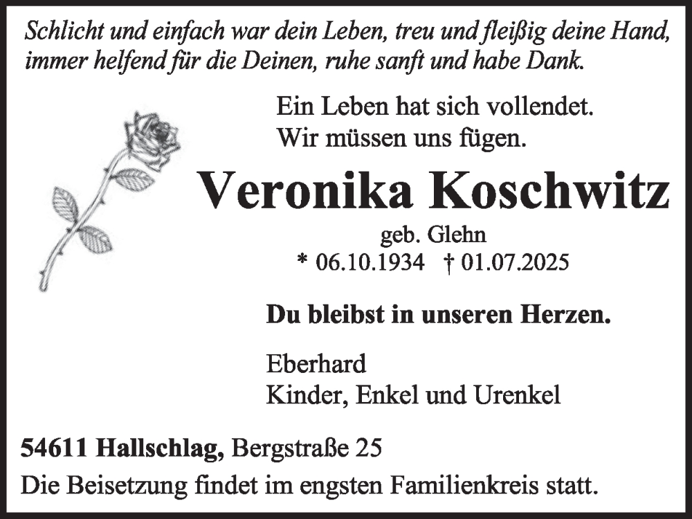  Traueranzeige für Veronika Koschwitz vom 12.07.2025 aus WochenSpiegel