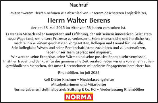 Traueranzeige von Walter Berens von WochenSpiegel