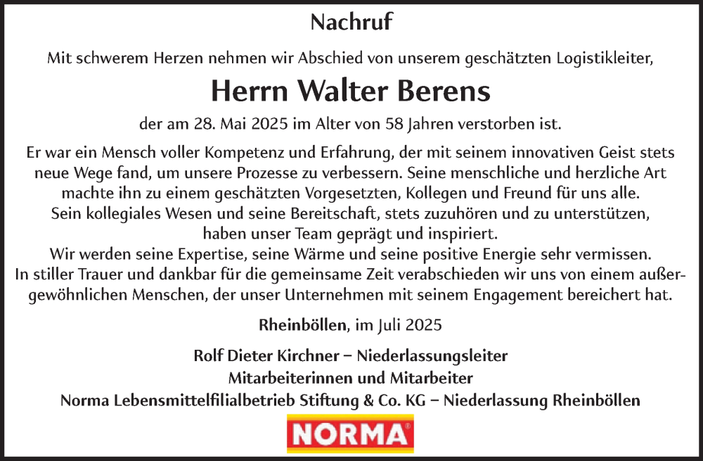  Traueranzeige für Walter Berens vom 26.07.2025 aus WochenSpiegel