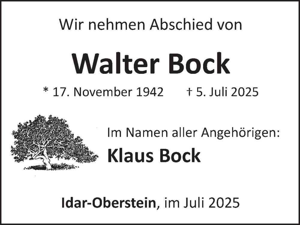  Traueranzeige für Walter Bock vom 19.07.2025 aus WochenSpiegel