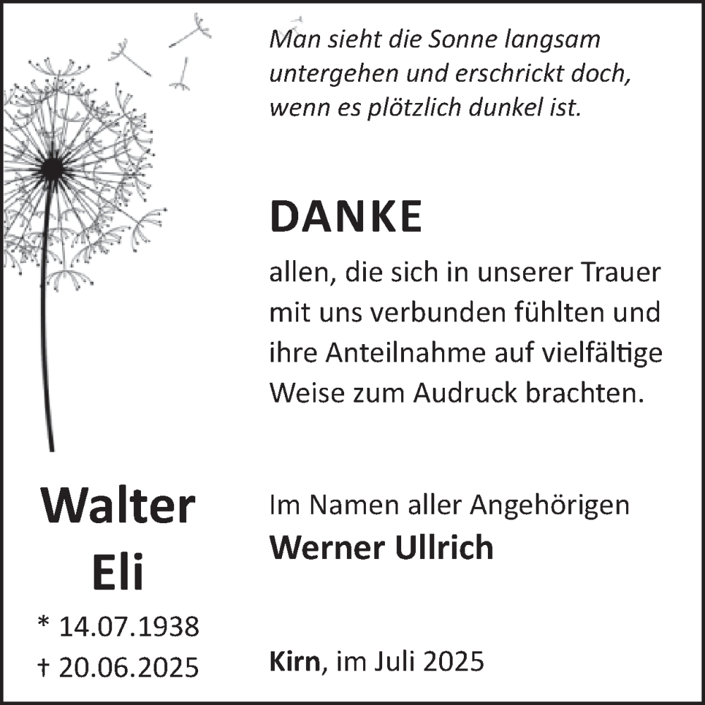  Traueranzeige für Walter Eli vom 19.07.2025 aus WochenSpiegel