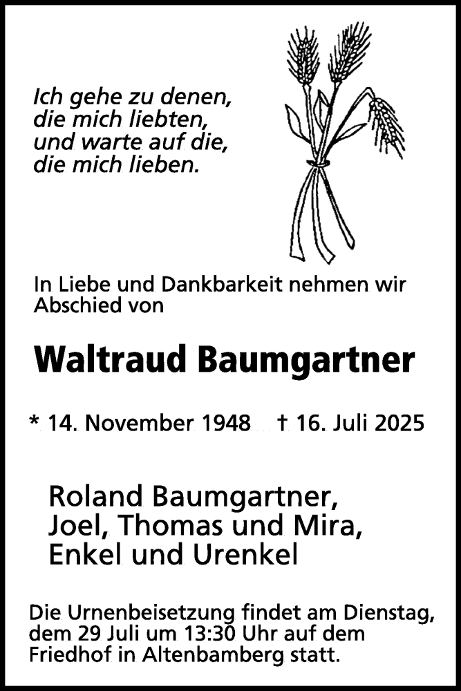  Traueranzeige für Waltraud Baumgartner vom 26.07.2025 aus WochenSpiegel