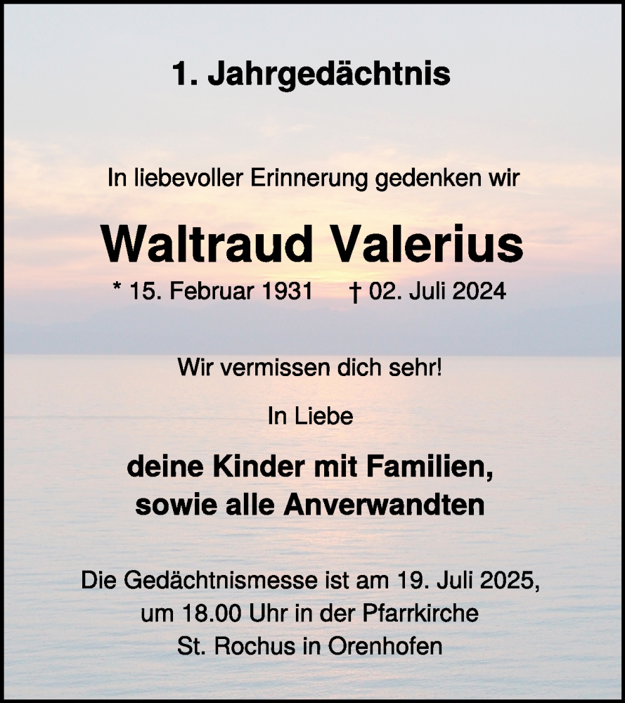  Traueranzeige für Waltraud Valerius vom 11.07.2025 aus WochenSpiegel