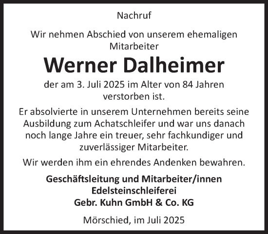 Traueranzeige von Werner Dalheimer von WochenSpiegel