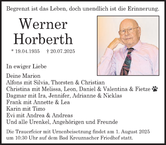 Traueranzeige von Werner Horberth von WochenSpiegel