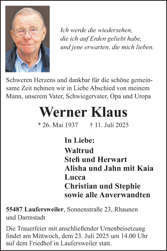 Traueranzeige von Werner Klaus von WochenSpiegel