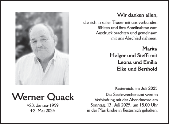 Traueranzeige von Werner Quack von WochenSpiegel