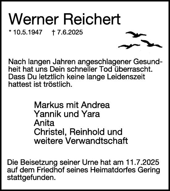 Traueranzeige von Werner Reichert von WochenSpiegel