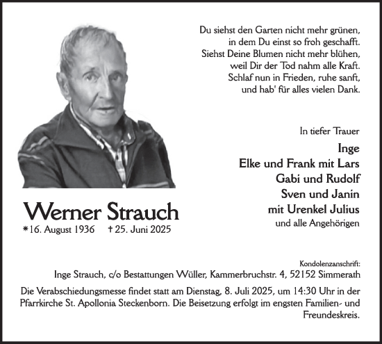 Traueranzeige von Werner Strauch von WochenSpiegel