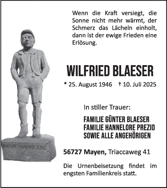 Traueranzeige von Wilfried Blaeser von WochenSpiegel