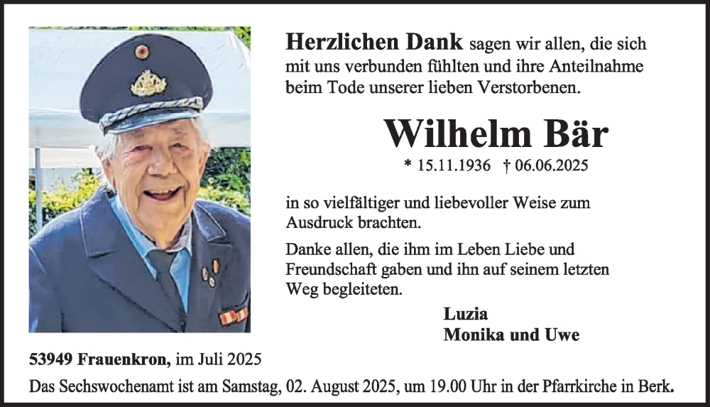  Traueranzeige für Wilhelm Bär vom 26.07.2025 aus WochenSpiegel