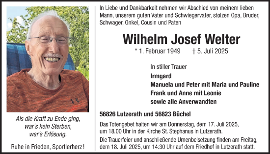 Traueranzeige von Wilhelm Josef Welter von WochenSpiegel