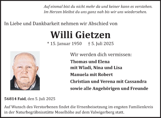 Traueranzeige von Willi Gietzen von WochenSpiegel