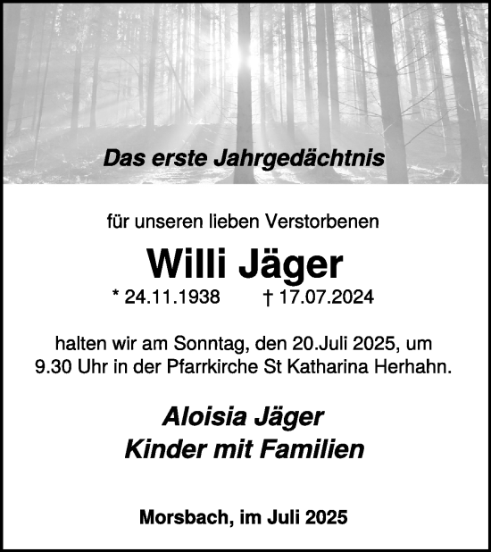 Traueranzeige von Willi Jäger von WochenSpiegel