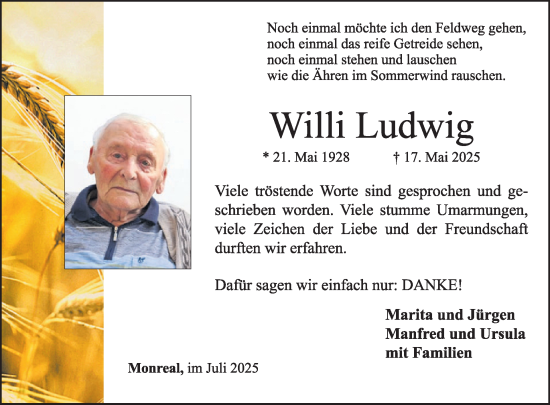 Traueranzeige von Willi Ludwig von WochenSpiegel