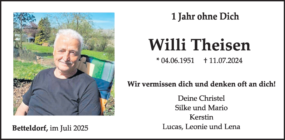  Traueranzeige für Willi Theisen vom 12.07.2025 aus WochenSpiegel