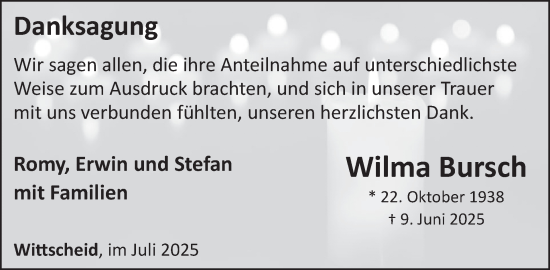 Traueranzeige von Wilma Bursch von WochenSpiegel