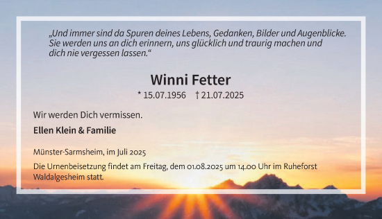 Traueranzeige von Winni Fetter von WochenSpiegel