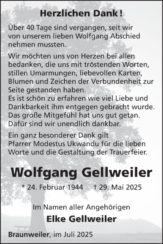 Traueranzeige von Wolfgang Gellweiler von WochenSpiegel