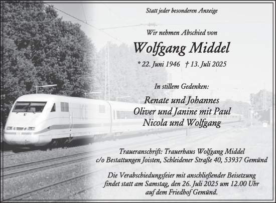 Traueranzeige von Wolfgang Middel von WochenSpiegel