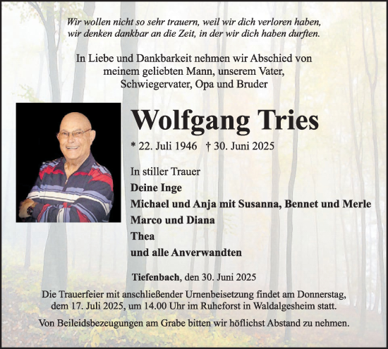 Traueranzeige von Wolfgang Tries von WochenSpiegel