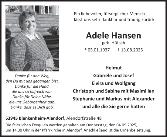 Traueranzeige von Adele Hansen von WochenSpiegel