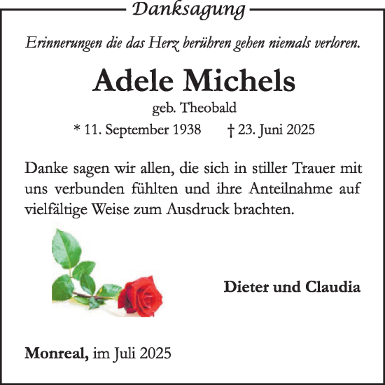 Traueranzeige von Adele Michels von WochenSpiegel