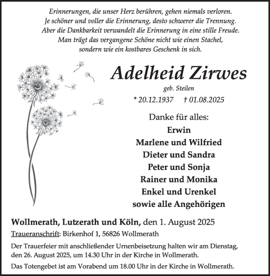Traueranzeige von Adelheid Zirwes von WochenSpiegel