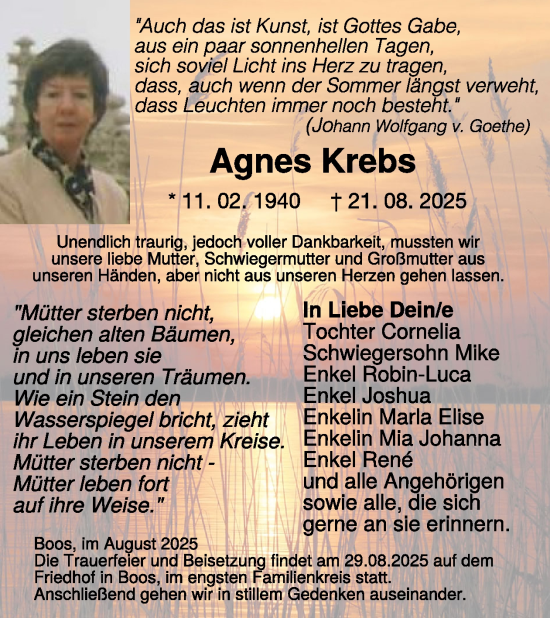 Traueranzeige von Agnes Krebs von WochenSpiegel