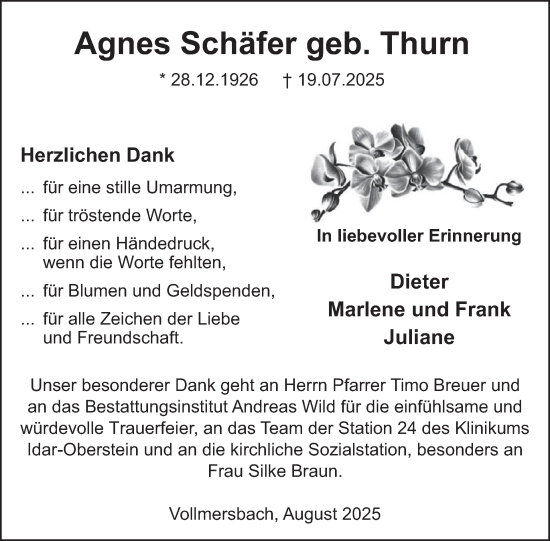 Traueranzeige von Agnes Schäfer von WochenSpiegel