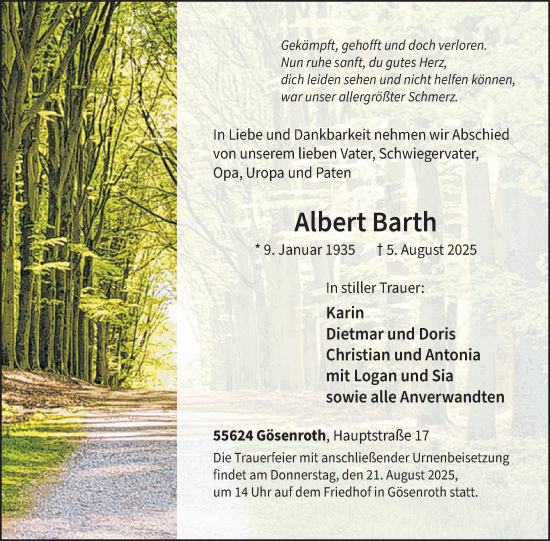 Traueranzeige von Albert Barth von WochenSpiegel