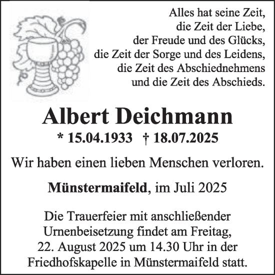 Traueranzeige von Albert Deichmann von WochenSpiegel