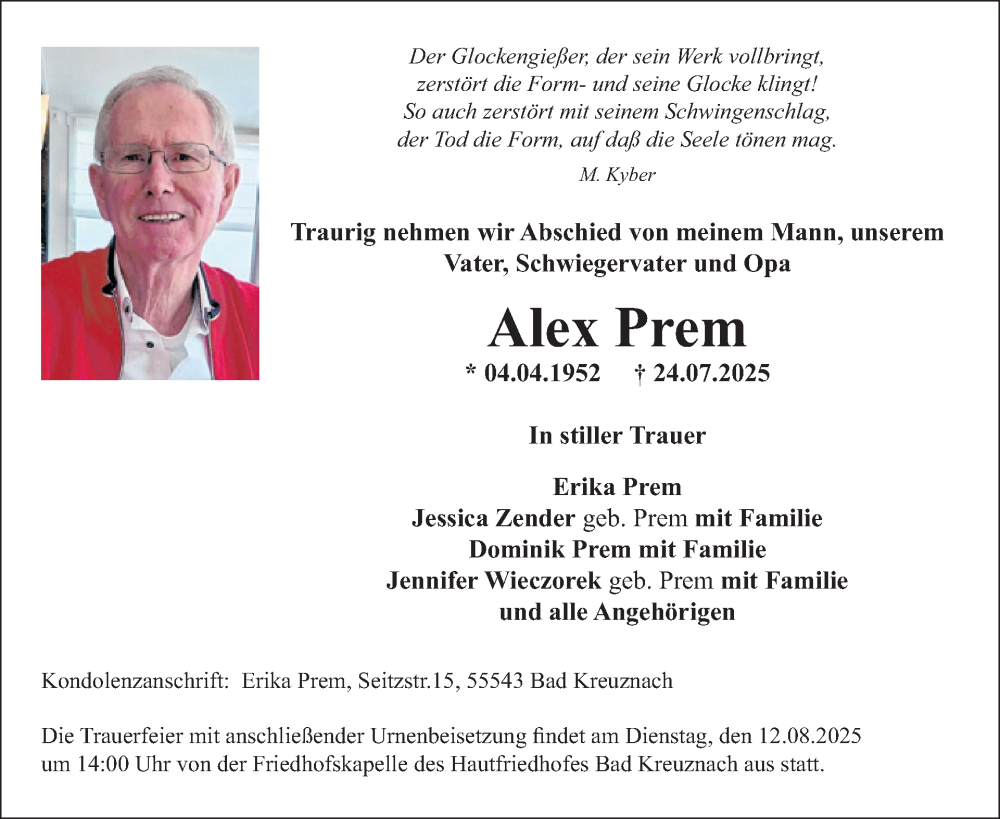 Traueranzeige für Alex Prem vom 09.08.2025 aus WochenSpiegel