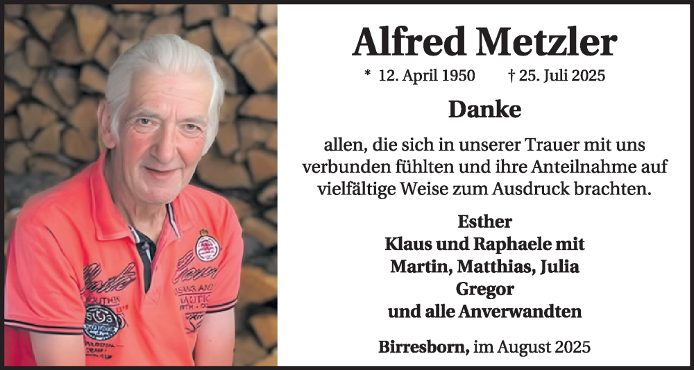  Traueranzeige für Alfred Metzler vom 30.08.2025 aus WochenSpiegel