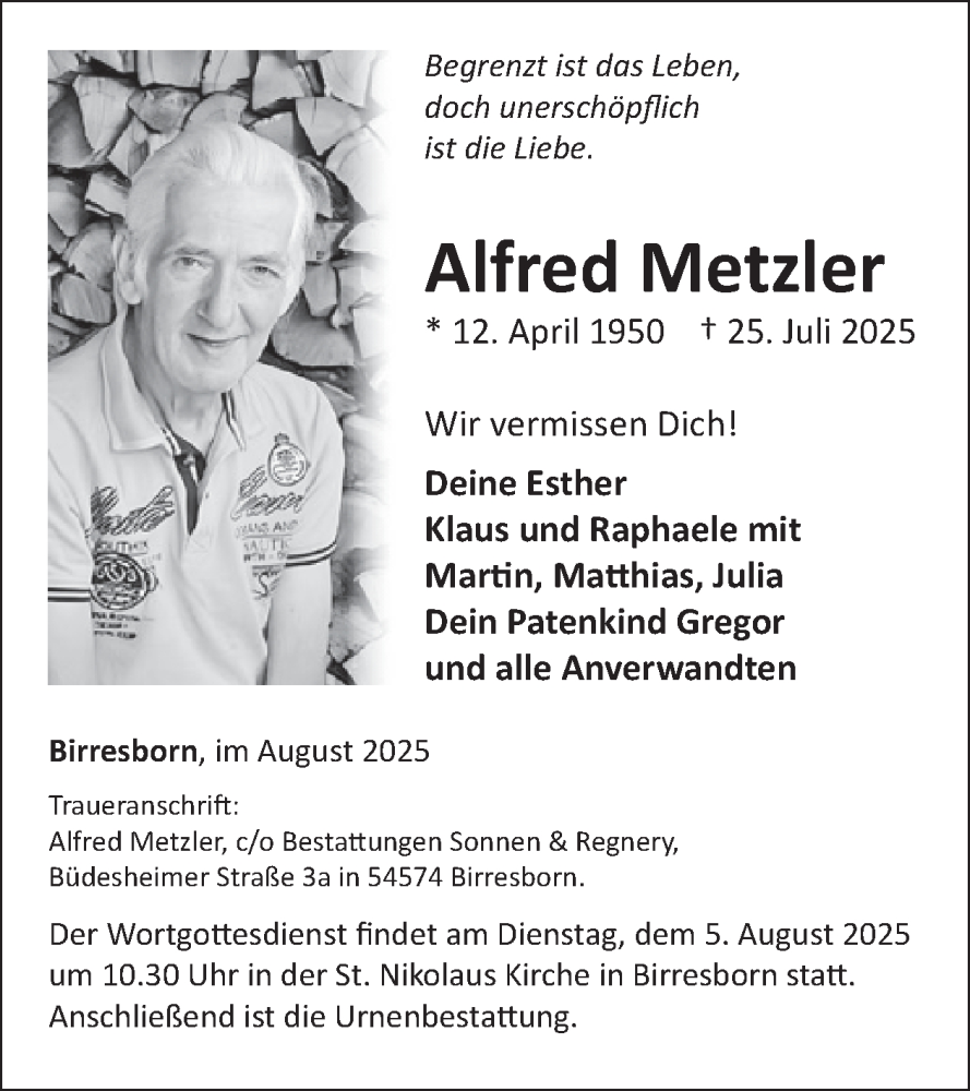  Traueranzeige für Alfred Metzler vom 02.08.2025 aus WochenSpiegel