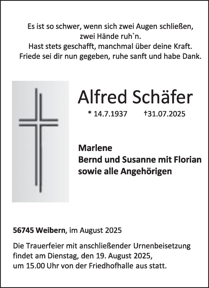  Traueranzeige für Alfred Schäfer vom 13.08.2025 aus WochenSpiegel