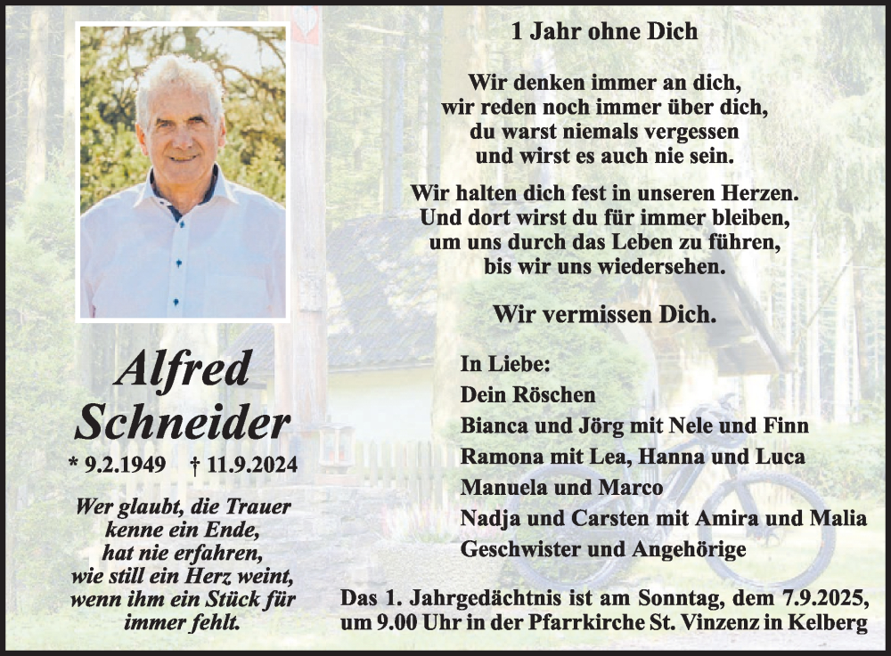  Traueranzeige für Alfred Schneider vom 30.08.2025 aus WochenSpiegel