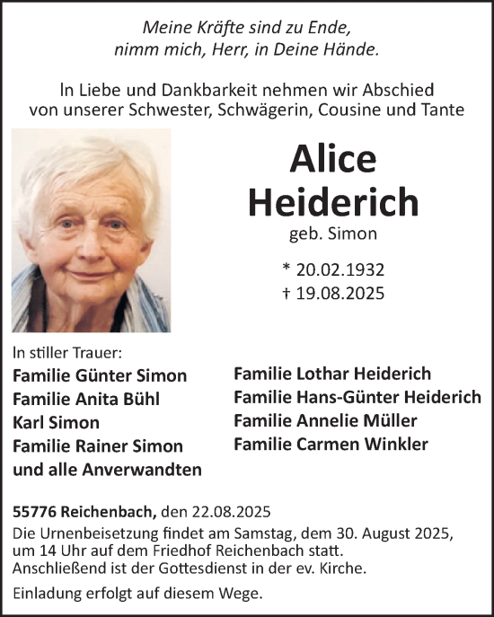 Traueranzeige von Alice Heiderich von WochenSpiegel