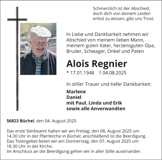 Traueranzeige von Alois Regnier von WochenSpiegel