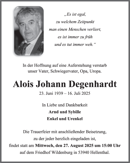 Traueranzeige von Alois Johann Degenhardt von WochenSpiegel