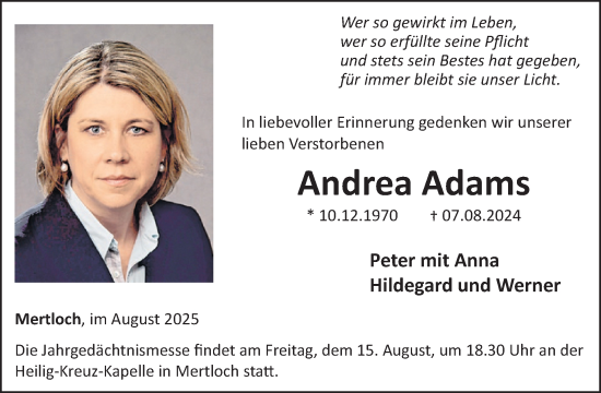 Traueranzeige von Andrea Adams von WochenSpiegel