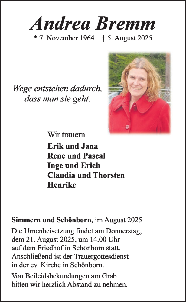  Traueranzeige für Andrea Bremm vom 16.08.2025 aus WochenSpiegel