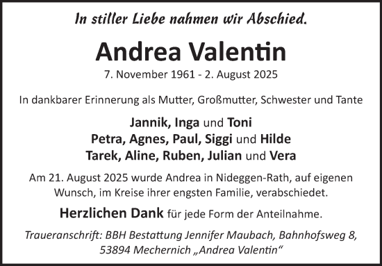 Traueranzeige von Andrea Valentin von WochenSpiegel