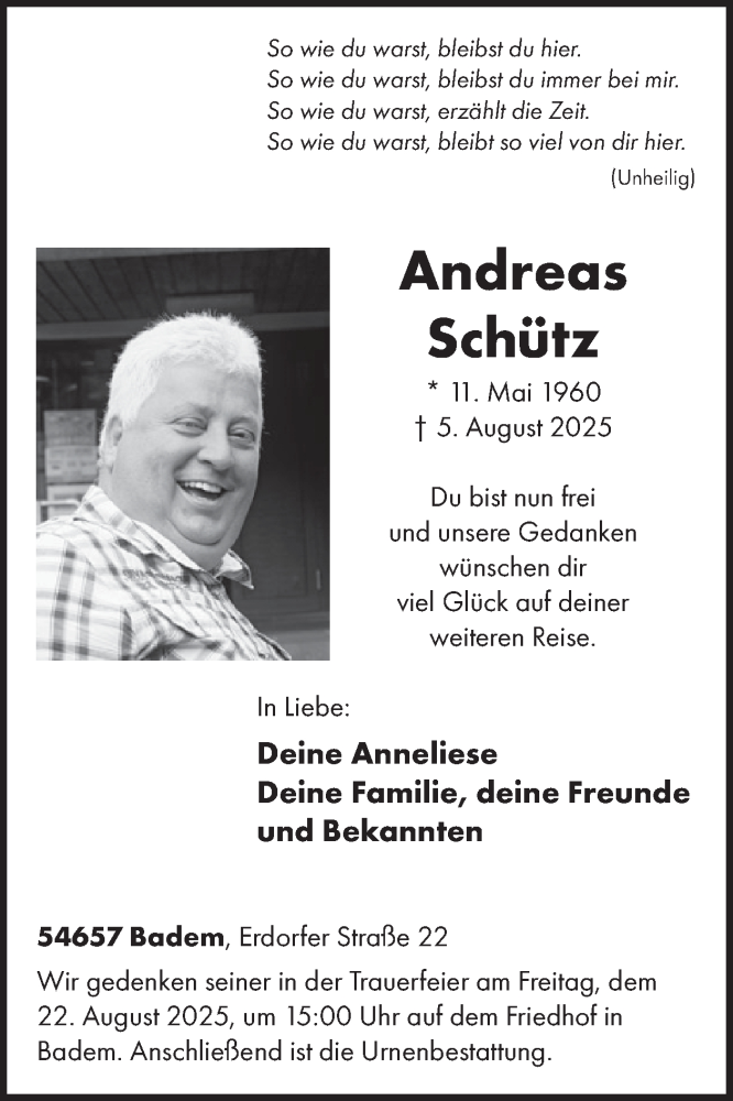  Traueranzeige für Andreas Schütz vom 15.08.2025 aus WochenSpiegel