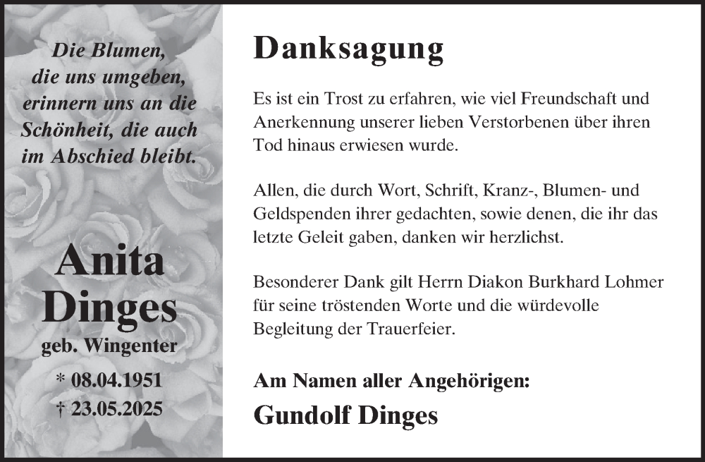  Traueranzeige für Anita Dinges vom 23.08.2025 aus WochenSpiegel